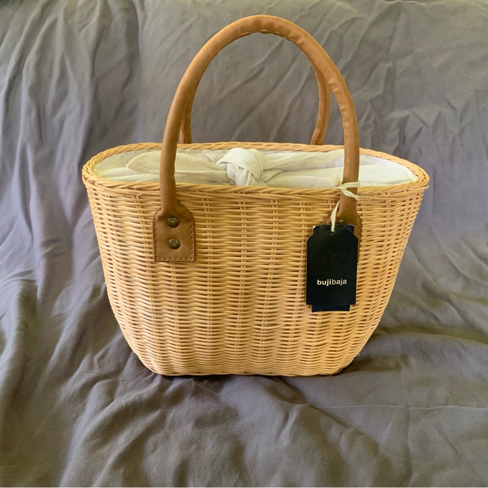 Tan Woven Rattan Tote Bag